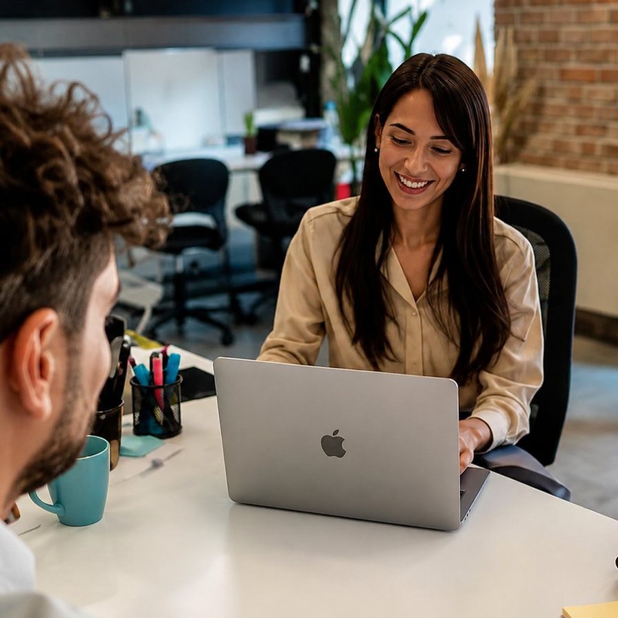 Consultora de Anova Research trabajando con un cliente en la oficina